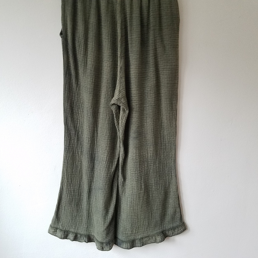 Camille & Co Gauzy Cotton Green Burn Out Ruffle Hem Wide Leg Pants XL - Picture 4 of 12
